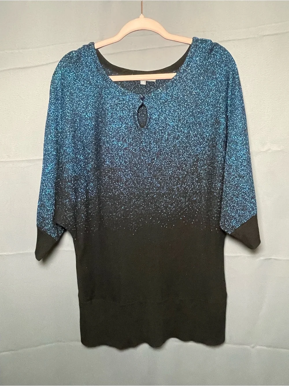 Sparkly Blue Black Gradient Ombre Dolman Knit Blouse ~ Keyhole Festive Sweater